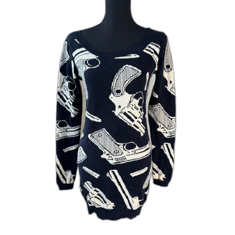 Size M Betsey Johnson Y2K 2008 Punk Label Kiss Bang Gun print sweater mini dress